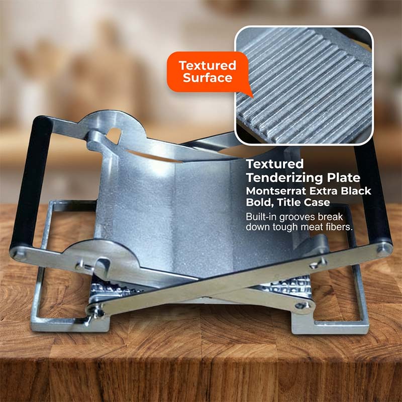 Arenzza K-MONT Schnitzelmaschine Fleischpresse in a kitchen setting, showing the stainless steel meat press tool for preparing schnitzel.