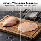 Arenzza K-MONT Schnitzelmaschine Fleischpresse for kitchen use, with a stainless steel body and handle for flattening meat.