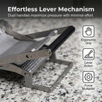 Arenzza K-MONT Schnitzelmaschine Fleischpresse kitchen tool with a black handle and metal press plate for meat preparation.