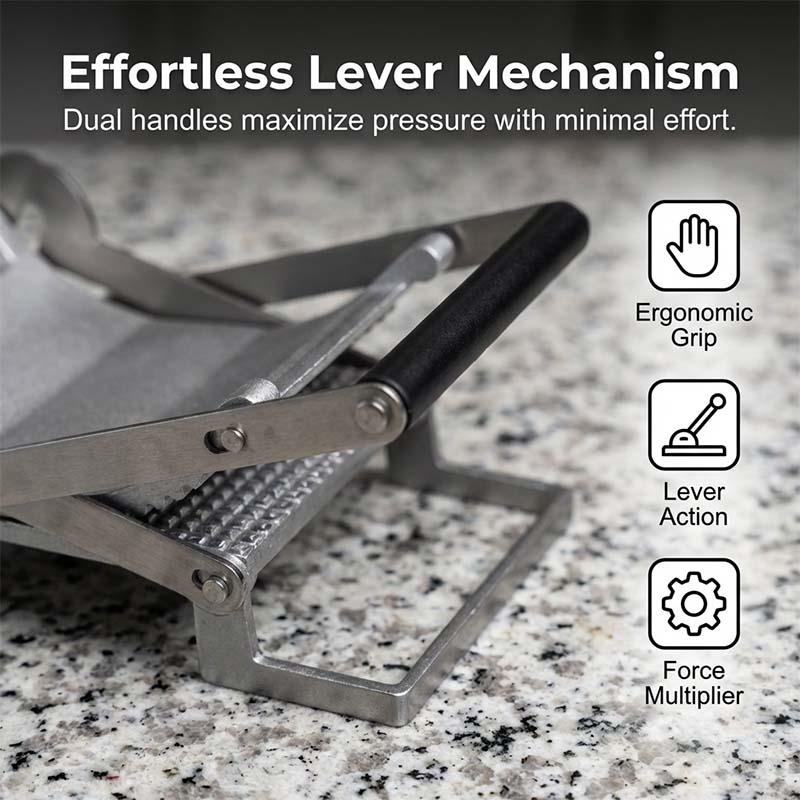 Arenzza K-MONT Schnitzelmaschine Fleischpresse kitchen tool with a black handle and metal press plate for meat preparation.