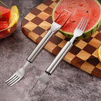 Aarenza 2-in-1 stainless steel fruit cutter with ergonomic handle and multiple blades for efficient fruit slicing in a kitchen setting.
