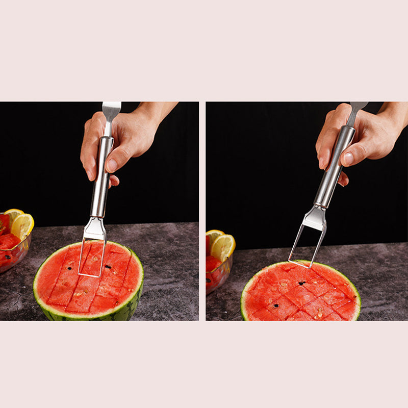 Arenzza 2-in-1 stainless steel fruit cutter with sharp blades and ergonomic handle, designed for efficient fruit slicing in the kitchen.