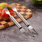 Arenzza 2-in-1 stainless steel fruit cutter with sharp blades and ergonomic handle, designed for efficient kitchen fruit preparation.