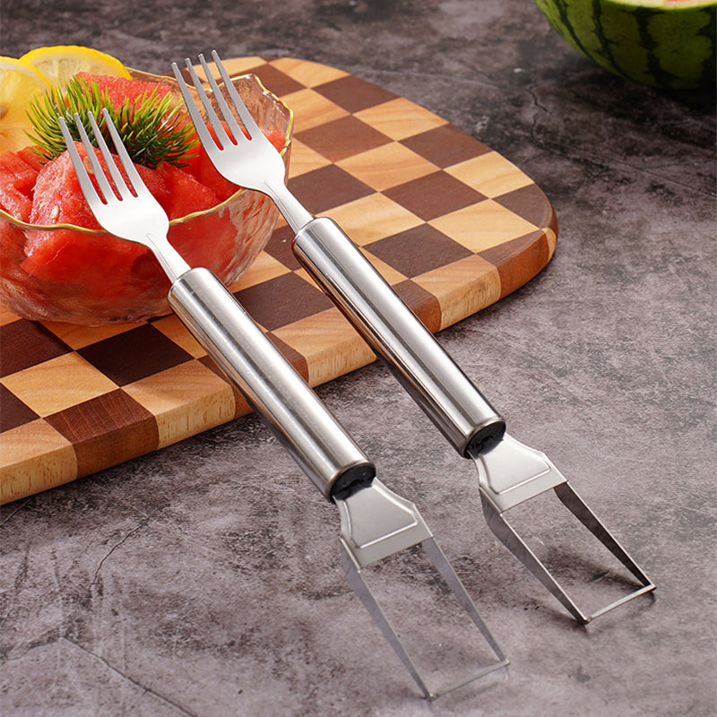 Arenzza 2-in-1 stainless steel fruit cutter with sharp blades and ergonomic handle, designed for efficient kitchen fruit preparation.