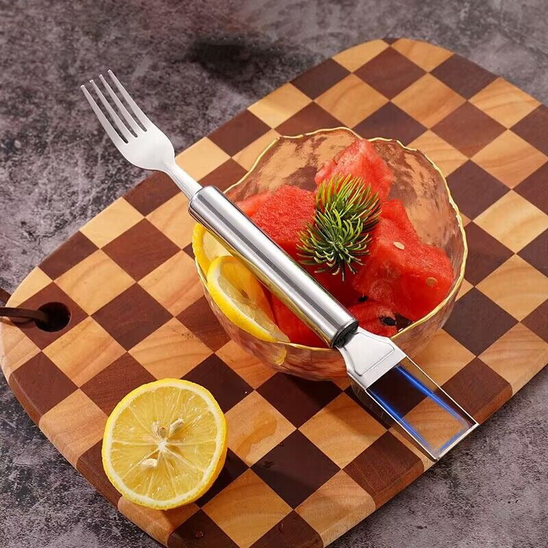 Aarenzza 2-in-1 stainless steel fruit cutter in a kitchen setting, showing sharp blades and ergonomic handle for slicing and dicing fruit.