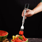 Arenzza 2-in-1 stainless steel fruit cutter for kitchen use, showing sharp blades and ergonomic handle for easy fruit slicing.