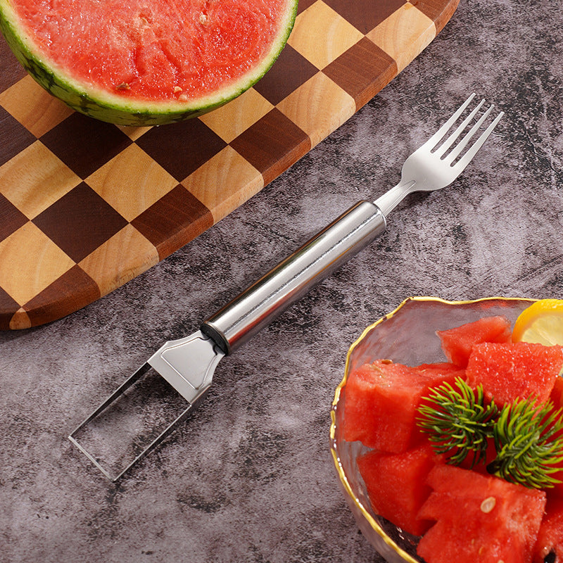 Aarenza 2-in-1 stainless steel fruit cutter with sharp blades and ergonomic handle for efficient kitchen fruit slicing.