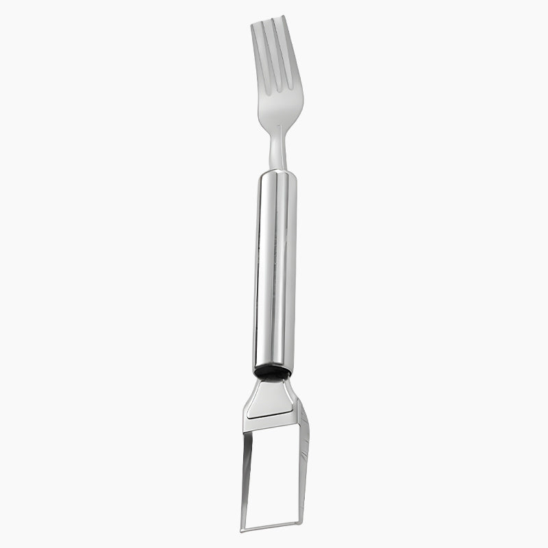 Aarenza 2-in-1 stainless steel fruit cutter with dual blades for efficient slicing and dicing in a kitchen setting.
