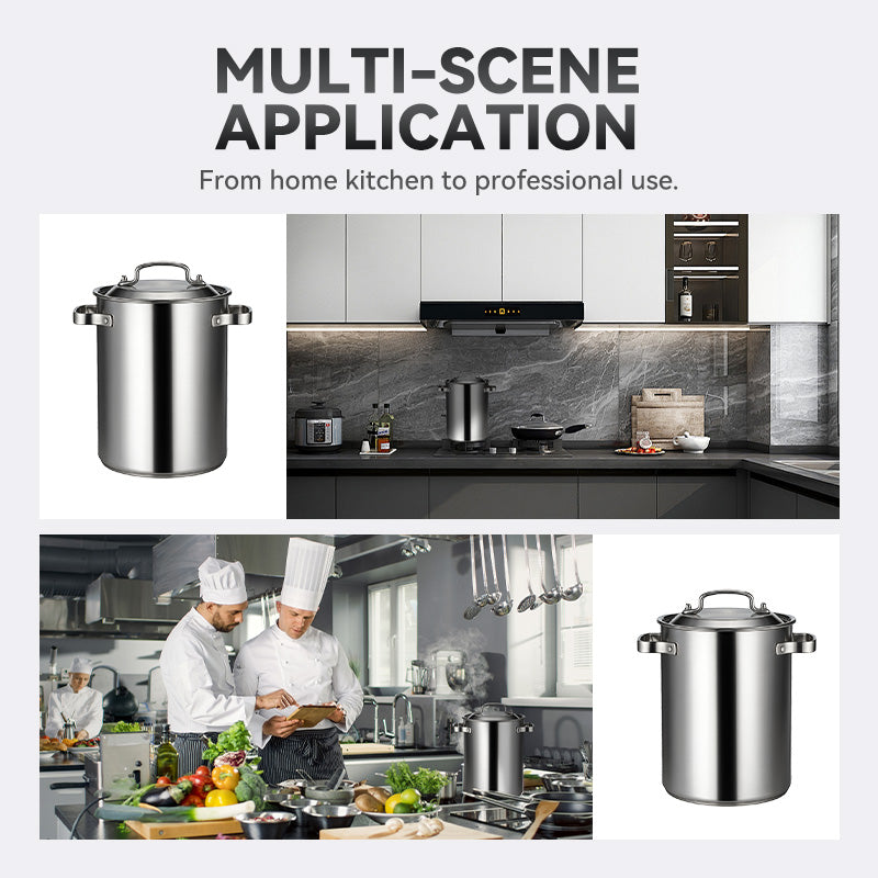 Arenzza stainless steel asparagus and pasta pan with lid, featuring a shiny 18/10 finish and ergonomic handles for kitchen use.