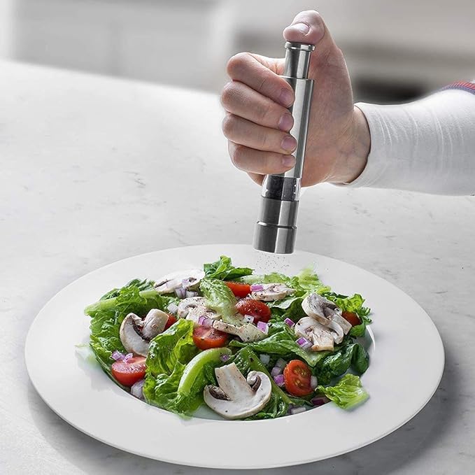 Arenzza professional-grade salt, pepper, and spice grinder with refillable glass chambers for kitchen seasoning.
