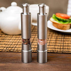 Arenzza professional kitchen salt, pepper, and spice grinder with refillable glass chambers and adjustable grind settings.