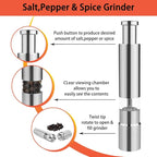 Arenzza professional kitchen salt, pepper, and spice grinder with refillable glass chambers on a countertop, ready for use.