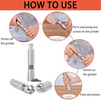 Arenzza professional kitchen spice grinder with refillable glass chambers for salt, pepper, and spices.