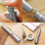 Arenzza professional kitchen spice grinder with refillable glass chambers for salt, pepper, and spices, shown with grinding mechanism.