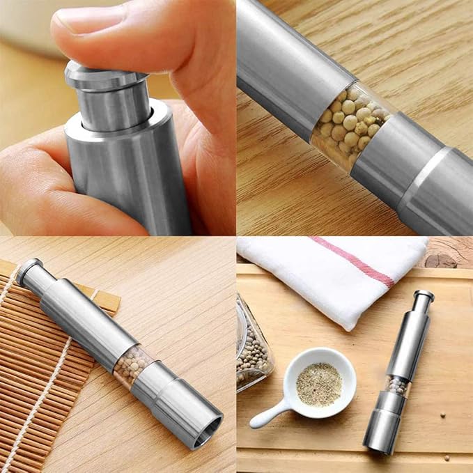 Arenzza professional kitchen spice grinder with refillable glass chambers for salt, pepper, and spices, shown with grinding mechanism.