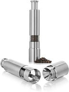 Arenzza professional grade salt, pepper, and spice grinder with refillable glass chambers on a kitchen countertop.