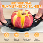 Arenzza stainless steel fruit corer and slicer in kitchen setting, showcasing its sharp blades and ergonomic handle for fruit preparation.