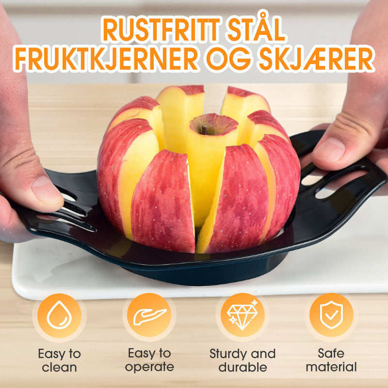 Arenzza stainless steel fruit corer and slicer in kitchen setting, showcasing its sharp blades and ergonomic handle for fruit preparation.
