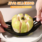 Arenzza stainless steel fruit corer and slicer on a kitchen countertop, with sliced fruit and the device ready for use.