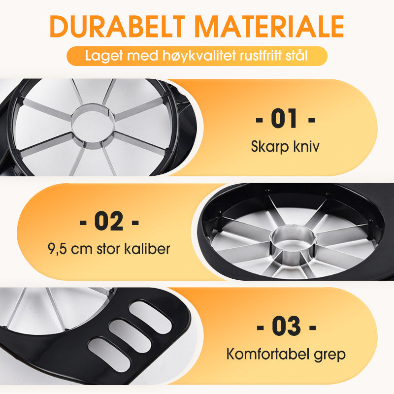 Arenzza stainless steel fruit corer and slicer on a kitchen countertop, showcasing its sharp blades and ergonomic handle.