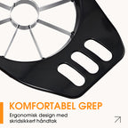Arenzza stainless steel fruit corer and slicer on a kitchen countertop, showing its sharp blades and ergonomic handle for easy fruit preparation.