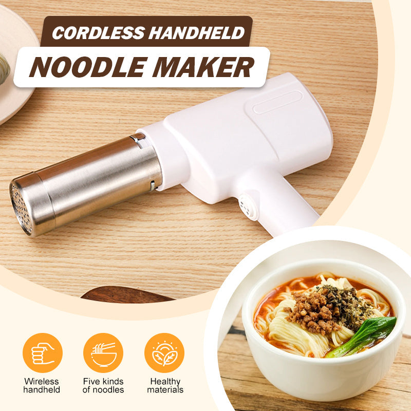 Arenzza cordless handheld noodle maker in a kitchen setting, showcasing its compact design and stainless steel components.