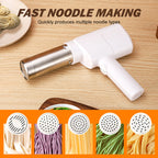 Arenzza cordless handheld noodle maker in a kitchen, showcasing its compact design and stainless steel rollers for fresh pasta.