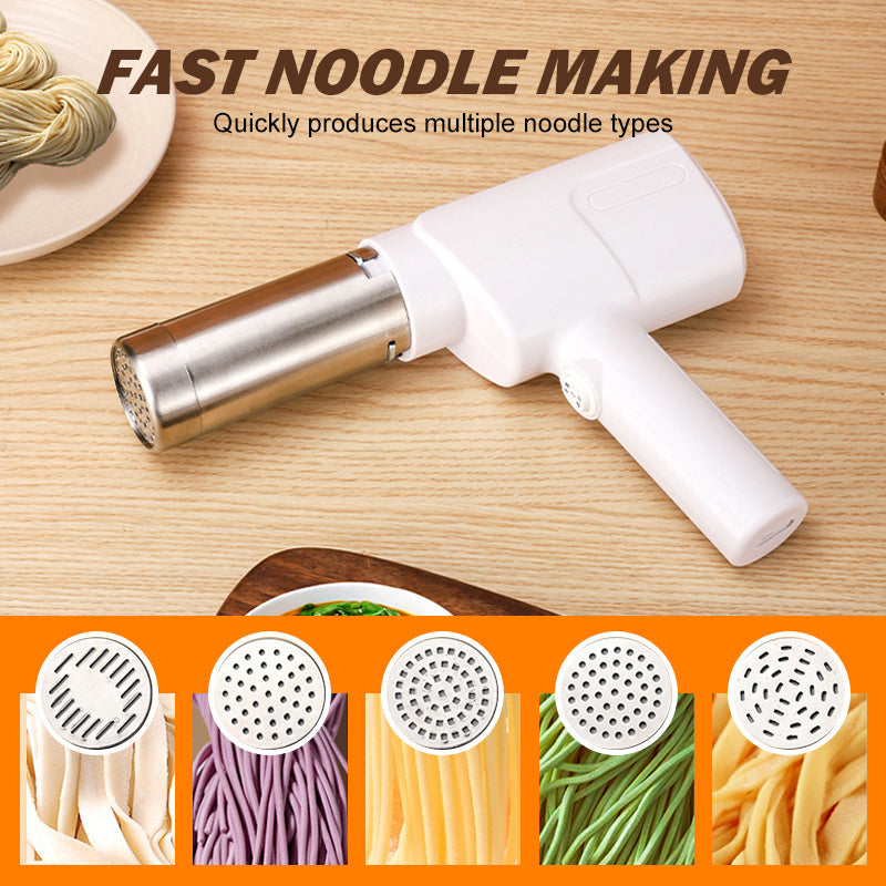 Arenzza cordless handheld noodle maker in a kitchen, showcasing its compact design and stainless steel rollers for fresh pasta.
