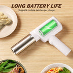 Arenzza cordless handheld noodle maker in kitchen setting, showing its compact design and stainless steel noodle extrusion component.