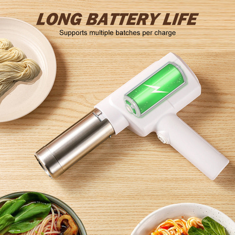 Arenzza cordless handheld noodle maker in kitchen setting, showing its compact design and stainless steel noodle extrusion component.