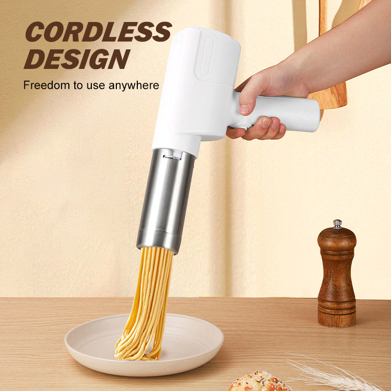 Aarenza cordless handheld noodle maker in a kitchen setting, featuring a compact design with a silver handle and white body.