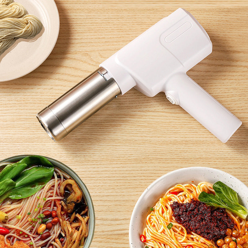 Arenzza cordless handheld noodle maker in a kitchen setting, ready for homemade pasta preparation, compact and easy to use.