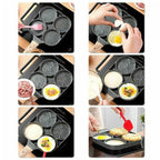 Arenzza four-hole non-stick egg pan for breakfast omelets, with a sleek kitchen design and four cooking compartments.