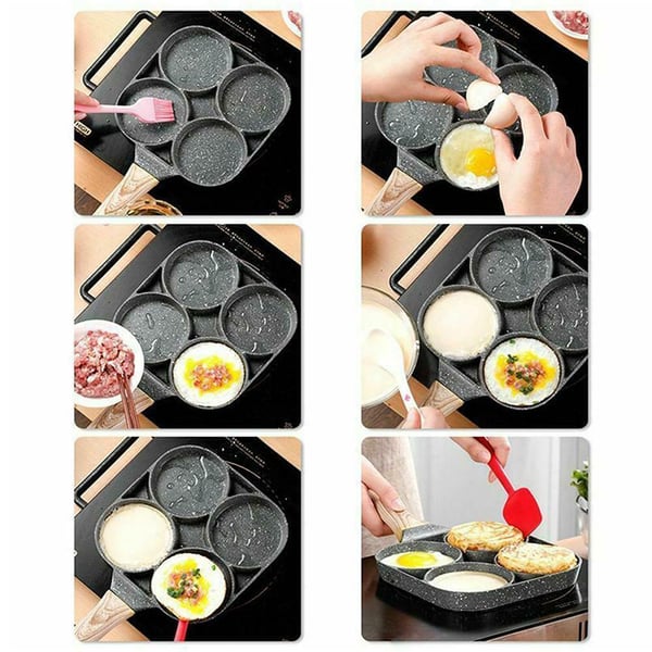 Arenzza four-hole non-stick egg pan for breakfast omelets, with a sleek kitchen design and four cooking compartments.