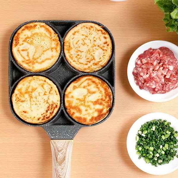 Arenzza four-hole non-stick egg pan for breakfast omelettes, kitchen frying pan with four cooking sections.