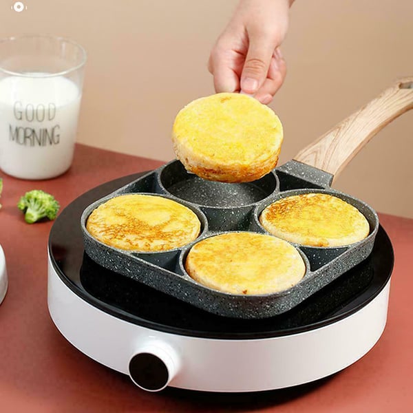 Arenzza four-hole non-stick egg pan for breakfast omelettes, kitchen frying pan with four compartments for easy cooking.