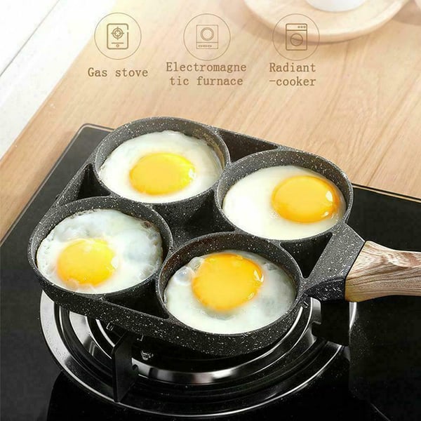 Arenzza four-hole non-stick egg pan for breakfast omelets, kitchen frying pan with four compartments for easy cooking.