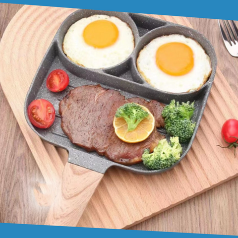 Arenzza four-hole egg pan with non-stick coating, designed for breakfast omelettes and home frying, featuring four cooking sections.