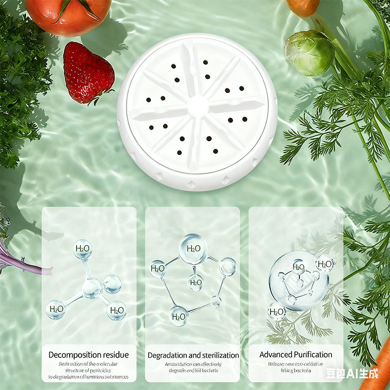 Arenzza Vortex Fruit and Vegetable Washer in kitchen, showing the compact device with a transparent basin and rotating cleaning mechanism.