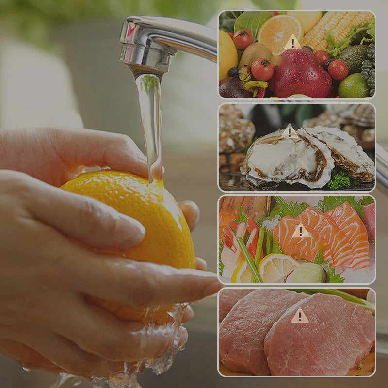 Arenzza vortex fruit and vegetable washer in a kitchen setting, showcasing the device with fresh produce ready to be cleaned.