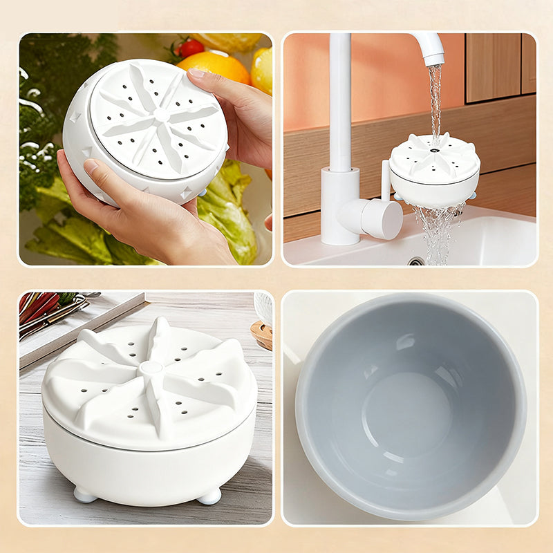 Arenzza Vortex Fruit and Vegetable Washer in kitchen, showing the device with water swirling around fresh produce for cleaning.