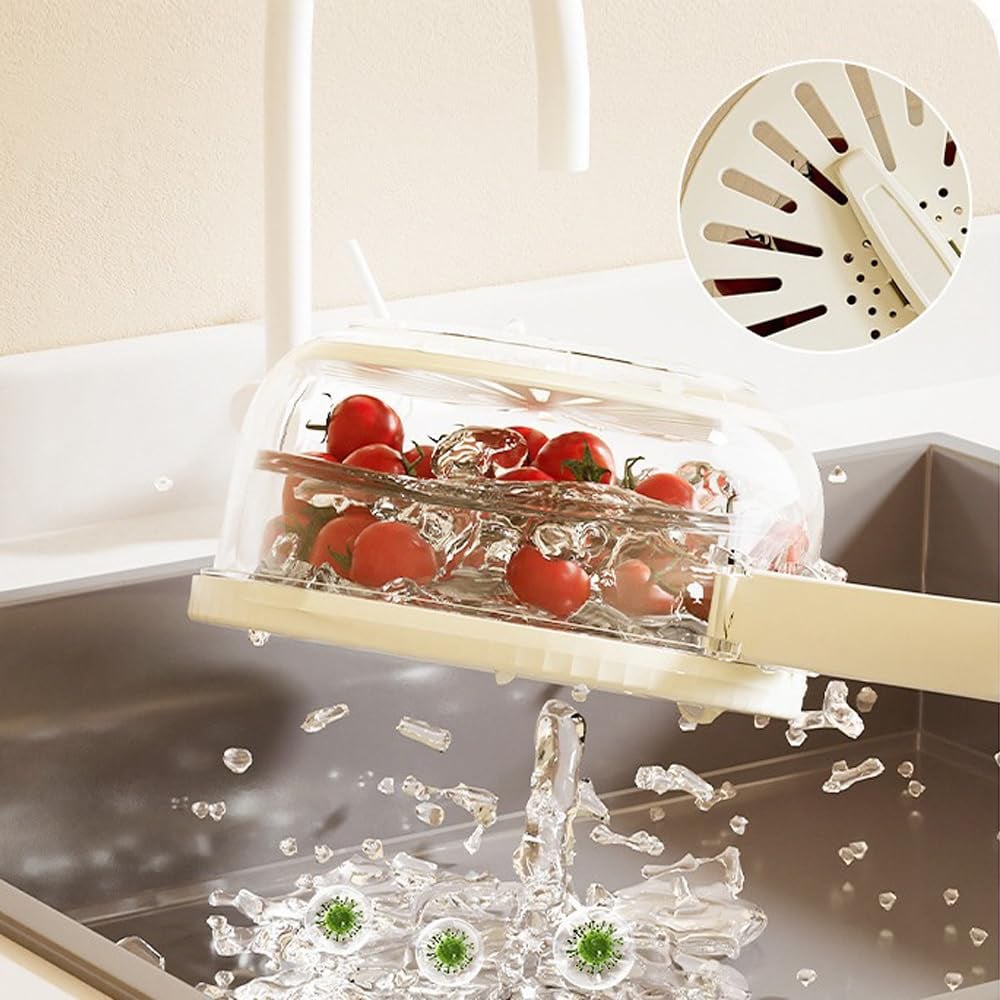 Arenzza vortex fruit and vegetable washer in kitchen, showing the compact device with water swirling inside for cleaning produce.