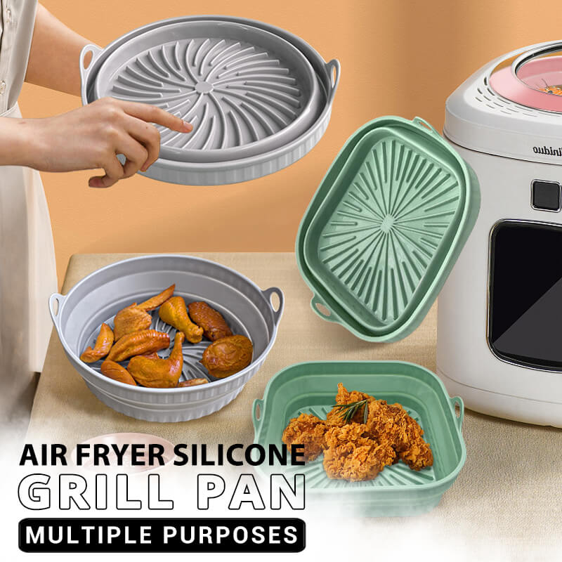 Arenzza Air Fryer Silicone Grill Pan with raised ridges for grilling vegetables and meats in a kitchen setting.