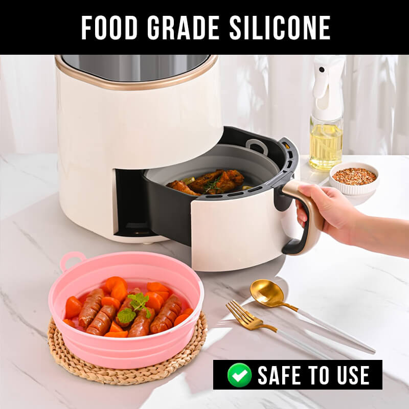 Arenzza air fryer silicone grill pan for kitchen use, showing the flexible, non-stick silicone surface and ribbed design for grilling.