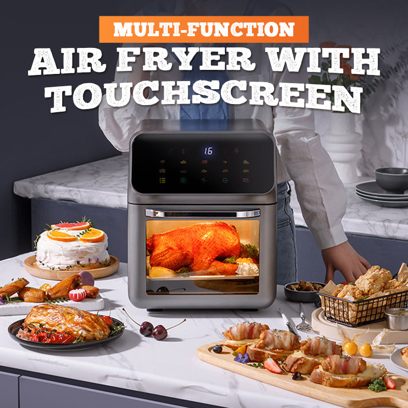 Arenzza multi-function visual air fryer with touchscreen, kitchen appliance for healthy frying and cooking, black and silver design.