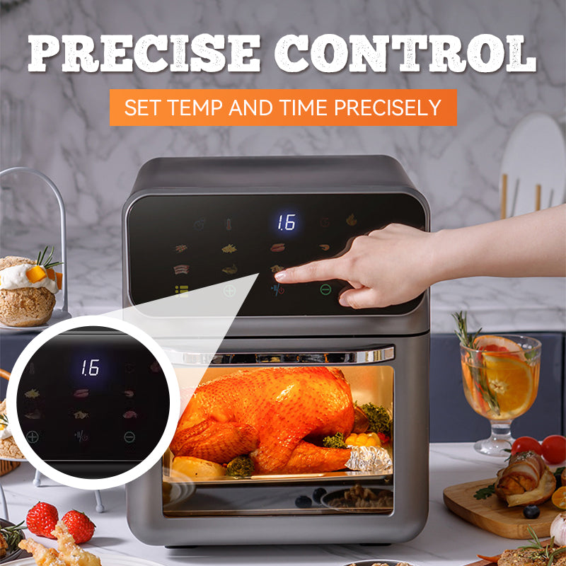 Arenzza multi-function visual air fryer with touchscreen display, black kitchen appliance for healthy frying and cooking.