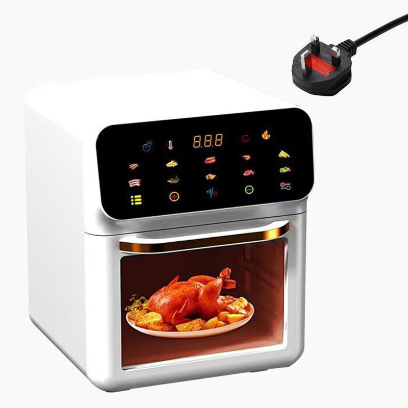 Arenzza multi-function visual air fryer with touchscreen control, sleek kitchen appliance in black with digital display and cooking basket.