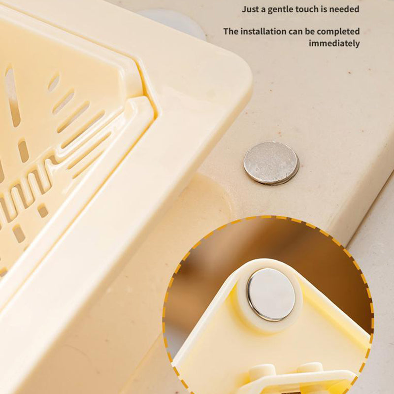 Arenzza magnetic suction space-saving corner sink strainer in a kitchen setting, featuring a compact design for efficient drainage.