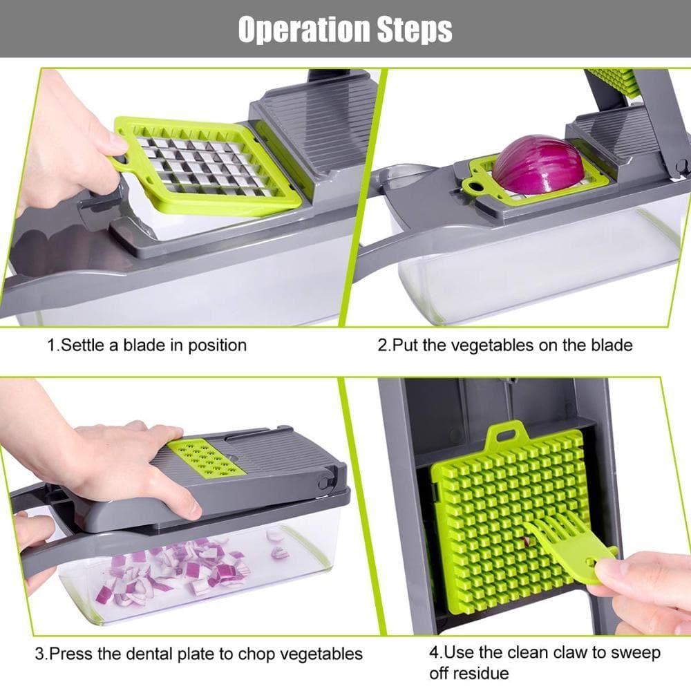 Arenzza multi-purpose vegetable cutter in kitchen, featuring sharp blades and ergonomic handle for easy vegetable slicing.