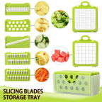 Arenzza multi-purpose vegetable cutter on kitchen counter with stainless steel blades and colorful plastic body.